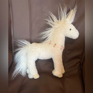 Douglas Toys White Unicorn 14 In Plush Sparkly Mane Pink Rosebud Wreath EUC